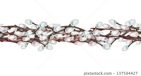 Watercolor floral border with pussy willow branches in soft pastel tones. Spring seamless pattern isolated on white background for Easter, wedding, greeting card, invitation, holiday decor, packaging Watercolor floral border with pussy willow branches in soft pastel tones. Spring seamless pattern isolated on white background for Easter, wedding, greeting card, invitation, holiday decor, packaging 137584427