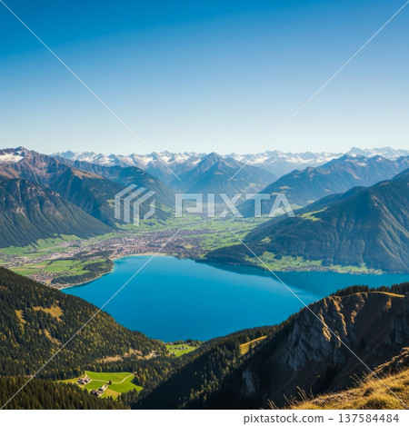Alps mountain lake valley panorama landscape aerial summer travel hiking view over turquoise water and town Alps mountain lake valley panorama landscape aerial summer travel hiking view over turquoise water and town 137584484