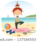 Cute cartoon red haired girl practicing yoga tree pose on a tropical beach near the sea. Fitness equipment including dumbbells jump rope and beach ball on the sand nearby. Concept of healthy lifestyle 137584503