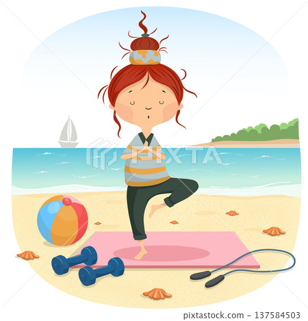 Cute cartoon red haired girl practicing yoga tree pose on a tropical beach near the sea. Fitness equipment including dumbbells jump rope and beach ball on the sand nearby. Concept of healthy lifestyle 137584503