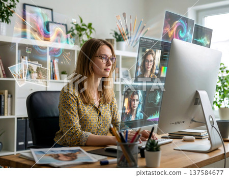 Young female graphic designer working on a computer in a modern home office with futuristic holographic screens and neural interface elements for digital art. 137584677
