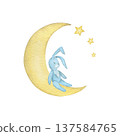 Bunny on moon watercolor isolated illustration on a white background. Simple baby shower clip art for boy`s first birthday and newborn sleep design in pastel colors 137584765
