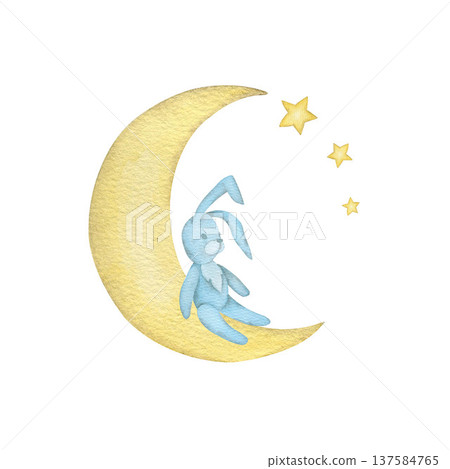 Bunny on moon watercolor isolated illustration on a white background. Simple baby shower clip art for boy`s first birthday and newborn sleep design in pastel colors Bunny on moon watercolor isolated illustration on a white background. Simple baby shower clip art for boy`s first birthday and newborn sleep design in pastel colors 137584765