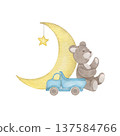 Teddy bear with blue truck and moon watercolor isolated illustration. Simple baby shower clip art for boy`s first birthday and newborn sleep design in pastel colors 137584766