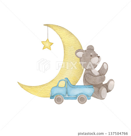 Teddy bear with blue truck and moon watercolor isolated illustration. Simple baby shower clip art for boy`s first birthday and newborn sleep design in pastel colors Teddy bear with blue truck and moon watercolor isolated illustration. Simple baby shower clip art for boy`s first birthday and newborn sleep design in pastel colors 137584766