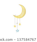 Moon with stars watercolor isolated illustration on a white background. Simple baby shower clip art for boy`s first birthday and newborn sleep design in pastel colors 137584767