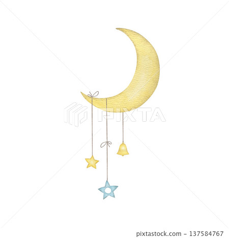 Moon with stars watercolor isolated illustration on a white background. Simple baby shower clip art for boy`s first birthday and newborn sleep design in pastel colors Moon with stars watercolor isolated illustration on a white background. Simple baby shower clip art for boy`s first birthday and newborn sleep design in pastel colors 137584767