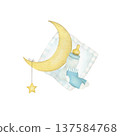 Moon and bottle on pillow watercolor isolated illustration on a white background. Simple baby shower clip art for boy`s first birthday and newborn sleep design in pastel colors 137584768