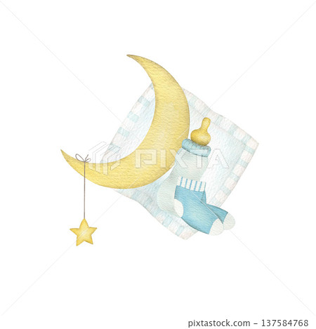 Moon and bottle on pillow watercolor isolated illustration on a white background. Simple baby shower clip art for boy`s first birthday and newborn sleep design in pastel colors Moon and bottle on pillow watercolor isolated illustration on a white background. Simple baby shower clip art for boy`s first birthday and newborn sleep design in pastel colors 137584768