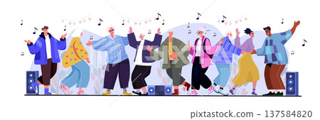 Active seniors dancing party celebration elderly people group enjoying music festive atmosphere colorful clothing outdoor speakers notes modern banner Active seniors dancing party celebration elderly people group enjoying music festive atmosphere colorful clothing outdoor speakers notes modern banner 137584820