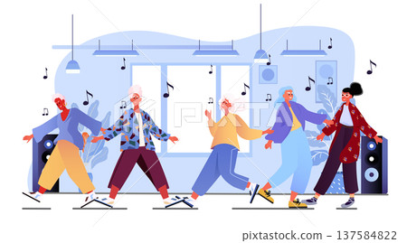Active seniors dancing group activity joyful movement elderly people enjoying music colorful indoor scene modern lifestyle concept Active seniors dancing group activity joyful movement elderly people enjoying music colorful indoor scene modern lifestyle concept 137584822