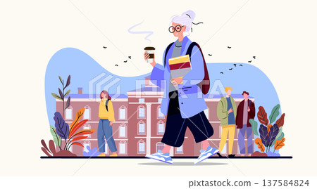 University student campus life people walking autumn building coffee books outdoor scene plants birds modern flat design 137584824
