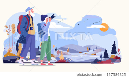 Senior couple hiking nature landscape adventure outdoor exploration mountains forest birds backpacks camera sunset colorful scenery Senior couple hiking nature landscape adventure outdoor exploration mountains forest birds backpacks camera sunset colorful scenery 137584825