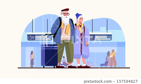 Senior couple airport travel adventure elderly tourists standing together with suitcase terminal background modern people waiting flat design Senior couple airport travel adventure elderly tourists standing together with suitcase terminal background modern people waiting flat design 137584827