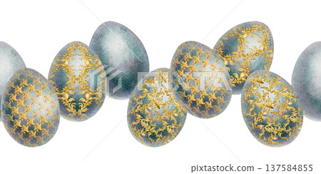 Seamless watercolor Easter egg border with ornate gold ornament, soft texture. Luxury vintage decorative pattern for holiday design, greeting card, wrapping paper, invitations, packaging, spring decor 137584855