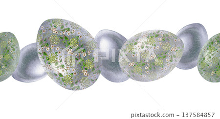 Seamless Easter border with a luxurious silver egg ornament. Vintage, decorative, festive watercolor pattern holiday designs, greeting cards, wrapping paper, invitations, packaging, and spring decor Seamless Easter border with a luxurious silver egg ornament. Vintage, decorative, festive watercolor pattern holiday designs, greeting cards, wrapping paper, invitations, packaging, and spring decor 137584857