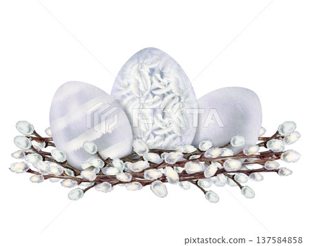 Soft pastel watercolor Easter eggs on delicate pussy willow branches. Minimal and peaceful spring composition symbolizing renewal and the Easter season for greeting card, invitation, season design 137584858