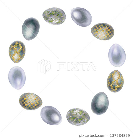 Elegant circular frame made of decorative watercolor Easter eggs. Modern spring composition with empty space for text, perfect for greeting cards, invitations and festive design. 137584859