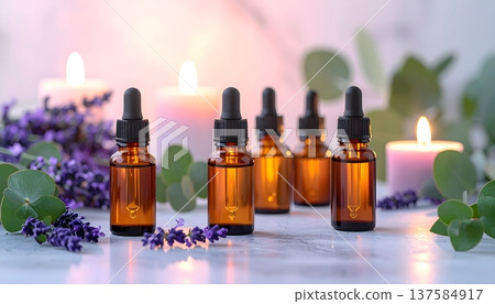 Essential Oil Bottles with Lavender Flowers Aromatherapy Concept 137584917