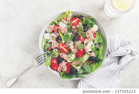 salad with canned tuna, vegetable salad with quail eggs, lettuce and romaine leaves, red onion, cherry tomatoes, olives, keto food, healthy eating, salad with canned tuna, vegetable salad with quail eggs, lettuce and romaine leaves, red onion, cherry tomatoes, olives, keto food, healthy eating, 137585223