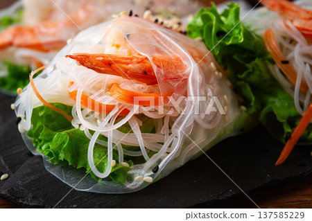 Rice paper spring rolls, glass noodles, with vegetables and shrimp, no people, 137585229