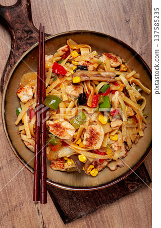 fried noodles with chicken meat and vegetables, Bami Goreng, Indonesian dish, no people, fried noodles with chicken meat and vegetables, Bami Goreng, Indonesian dish, no people, 137585235