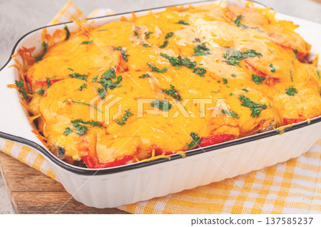 Madame Bovary's Georgian dish, chicken fillet with mushrooms, tomatoes and cheese, baked in a mold, Madame Bovary's Georgian dish, chicken fillet with mushrooms, tomatoes and cheese, baked in a mold, 137585237