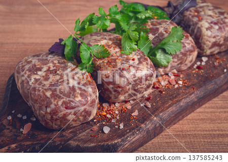raw apkhazura, a dish of Georgian cuisine, meat balls, minced meat wrapped in a fat net, seftalia, homemade, no people, 137585243