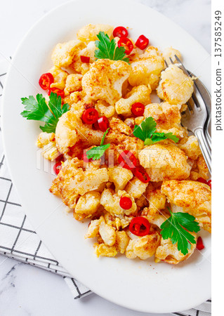 Cauliflower dish, with chili pepper and parsley, on a white plate served on a marble countertop, Cauliflower dish, with chili pepper and parsley, on a white plate served on a marble countertop, 137585249