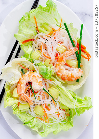 Vietnamese salad, glass noodles, with vegetables and shrimp, no people, 137585257