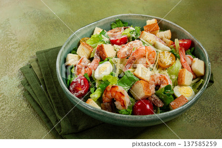 caesar salad, with tiger prawns, shrimp salad, lettuce, quail eggs, cherry tomatoes, parmesan cheese, no people, 137585259