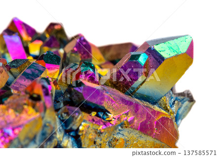 Macro mineral stone Titanium Quartz, Flame Aura Quartz on a white background 137585571