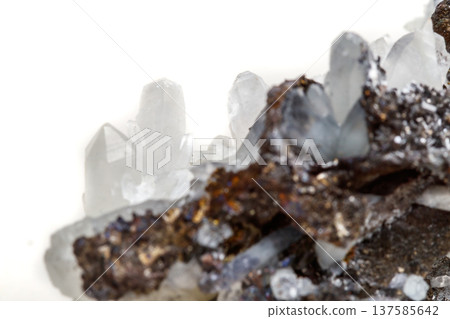 Macro mineral stone Drusus quartz with sphalerite in the rock a white background 137585642