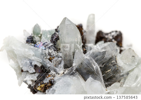 Macro mineral stone Drusus quartz with sphalerite in the rock a white background 137585643