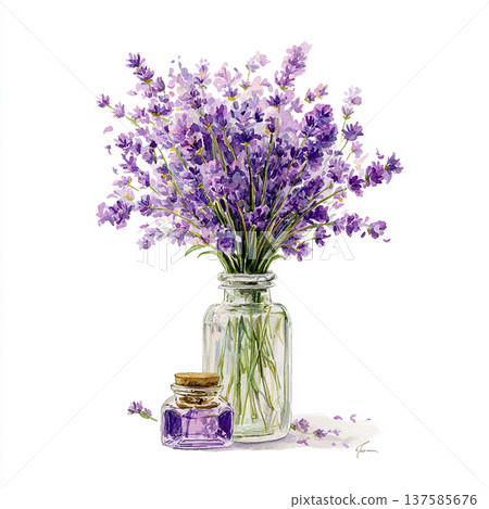 Fresh lavender flowers in a glass jar with a small bottle of lavender essence on a plain background Fresh lavender flowers in a glass jar with a small bottle of lavender essence on a plain background 137585676