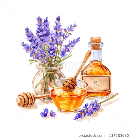 Honey in a bowl with lavender flowers and a jar on a white background during day time 137585680