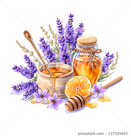 Honey and lavender with a wooden spoon, jar, and lemon on a white background Honey and lavender with a wooden spoon, jar, and lemon on a white background 137585681