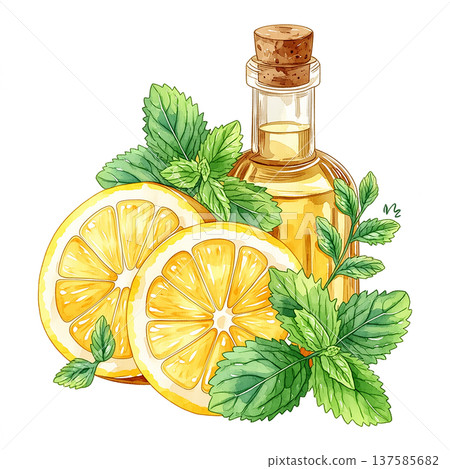 Bottle of oil with lemon slices and mint leaves on a white background showing a fresh and bright natural scene Bottle of oil with lemon slices and mint leaves on a white background showing a fresh and bright natural scene 137585682