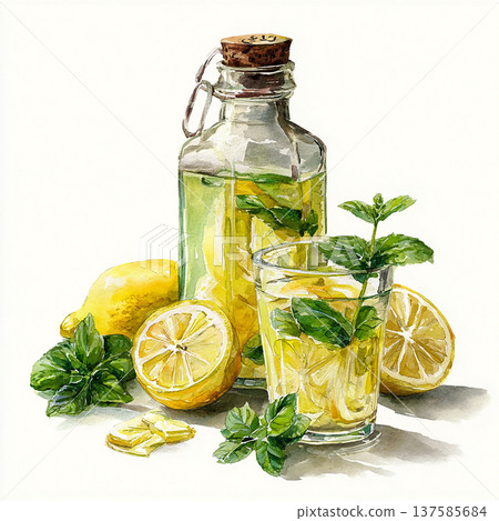 Fresh lemon drink with mint and sliced lemons on a table with a jar and a glass 137585684