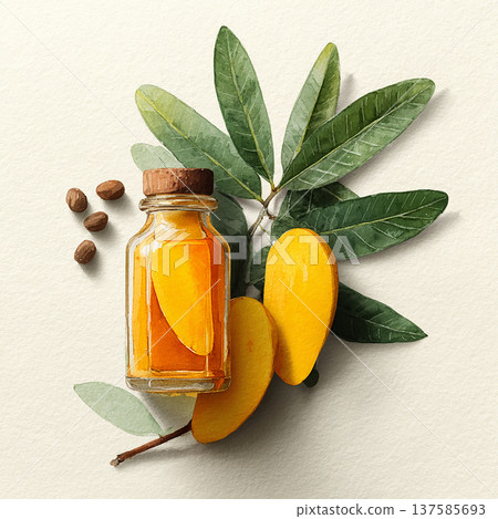 Mango oil placed beside mango fruit and seeds on a leaf, showing the natural essence of mango in a simple display 137585693