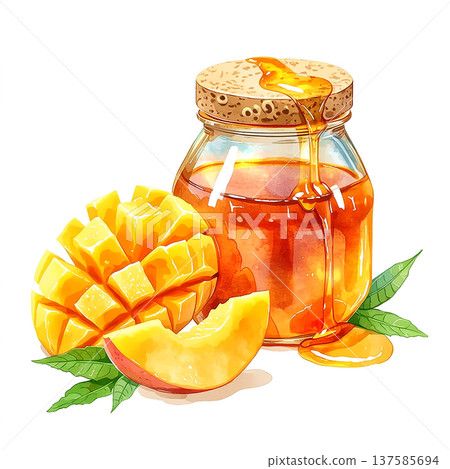 Mango and honey jar with fresh mango slices shown on a light background in a colorful and simple setup Mango and honey jar with fresh mango slices shown on a light background in a colorful and simple setup 137585694