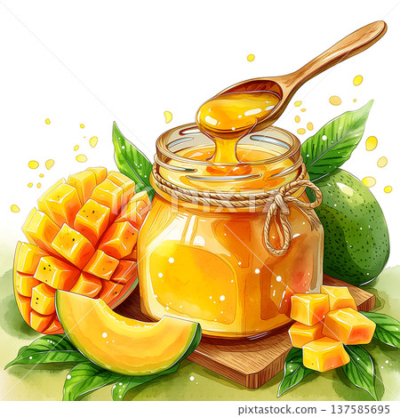 Mango and honey in jar with fresh fruit on wooden board in bright setting 137585695