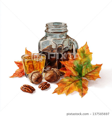 Fall display of maple leaves, nuts, and a jar with a drink arranged on a white background during autumn 137585697