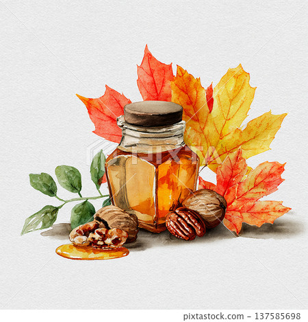 Honey jar with nuts and autumn leaves on a white background showing seasonal change and natural foods Honey jar with nuts and autumn leaves on a white background showing seasonal change and natural foods 137585698