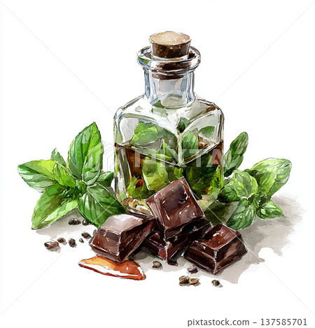 Fresh mint and dark chocolate arranged together with a bottle of herbal extract on a white background in a clean setting 137585701