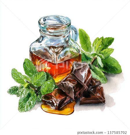 Honey and chocolate with mint on a white background during a sunny day in a kitchen setting Honey and chocolate with mint on a white background during a sunny day in a kitchen setting 137585702