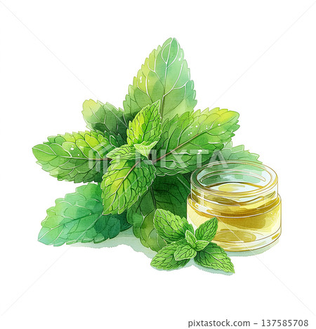 Mint leaves and a small jar of oil sit on a white surface with a simple background 137585708