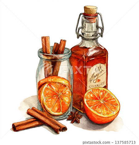 Homemade syrup with cinnamon sticks and orange slices on a table 137585713