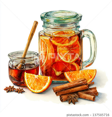 Warm drink with spices, orange slices, and honey on a table 137585716