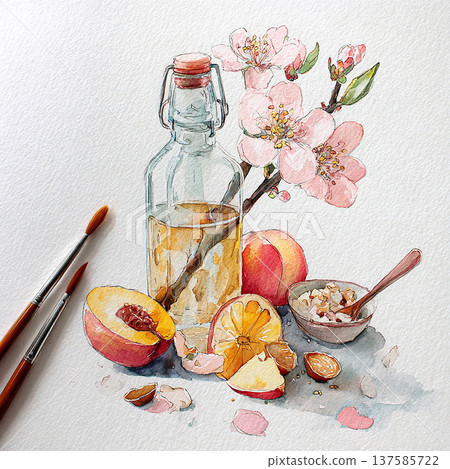 Artistic display of fruits, flowers, and glass bottle on table with brushes Artistic display of fruits, flowers, and glass bottle on table with brushes 137585722